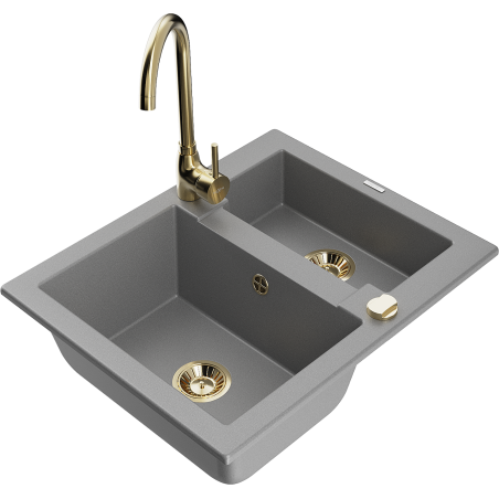 Mexen Carlos fregadero de granito de 1,5 cubetas con grifo de cocina Telma, gris - 6518-71-670200-50