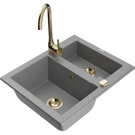 Mexen Carlos granite sink 1.5-bowl with Telma kitchen tap, grey - 6518-71-670200-50