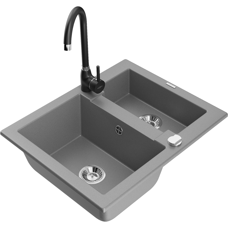 Mexen Carlos fregadero de granito de 1,5 senos con grifo de cocina Telma, gris - 6518-71-670200-70