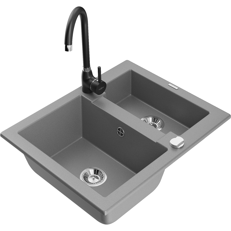 Mexen Carlos lavello in granito da 1,5 vasche con rubinetto da cucina Telma, grigio - 6518-71-670200-70