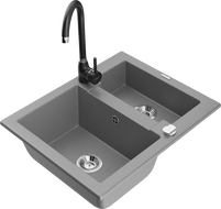 Mexen Carlos granite sink 1.5-bowl with Telma kitchen tap, grey - 6518-71-670200-70