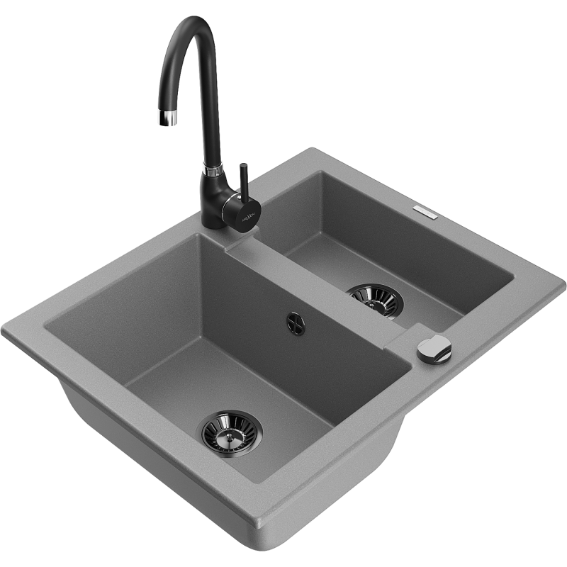 Mexen Carlos 1.5-bowl granite sink with Telma kitchen tap, grey - 6518-71-670200-70-B