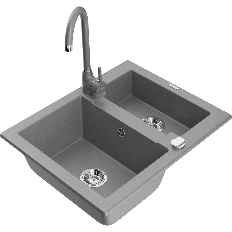 Mexen Carlos 1.5-bowl granite kitchen sink with Telma kitchen tap, grey - 6518-71-670200-71