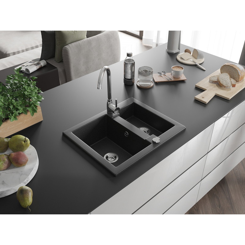 Mexen Carlos fregadero de granito de 1,5 senos con grifo de cocina Telma, negro/plata metálica - 6518-73-670200-00