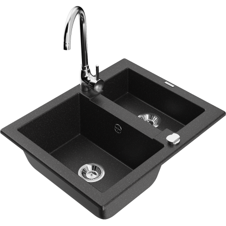 Mexen Carlos 1,5-komorige granieten gootsteen met keukenmengkraan Telma, zwart/zilver metallic - 6518-73-670200-00