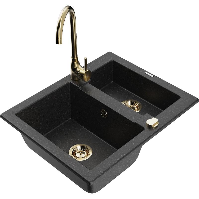 Mexen Carlos granitische spoelbak 1,5-komorige met keukenmengkraan Telma, zwart/zilver metallic - 6518-73-670200-50