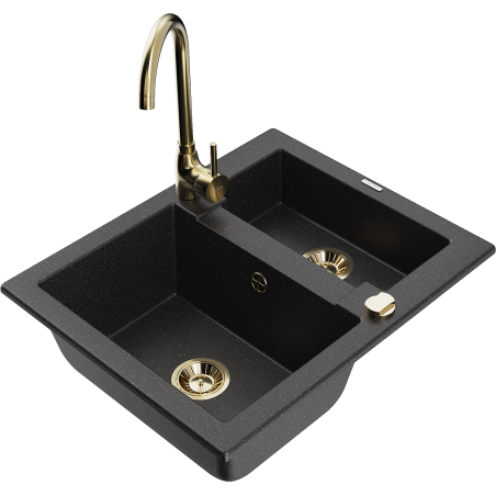 Mexen Carlos granieten spoelbak 1,5-komoren met Telma keukenkraan, zwart/zilveren metallic - 6518-73-670200-50