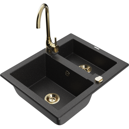 Mexen Carlos granite sink with 1.5 bowls and Telma kitchen tap, black/silver metallic - 6518-73-670200-50