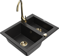 Mexen Carlos Granitspüle 1,5-Kammer mit Küchenarmatur Telma, schwarz/silber Metallic - 6518-73-670200-50