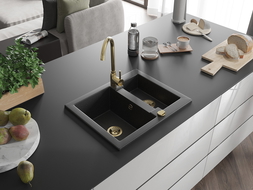 Mexen Carlos Granitspüle 1,5-Kammer mit Küchenarmatur Telma, schwarz/silber Metallic - 6518-73-670200-50