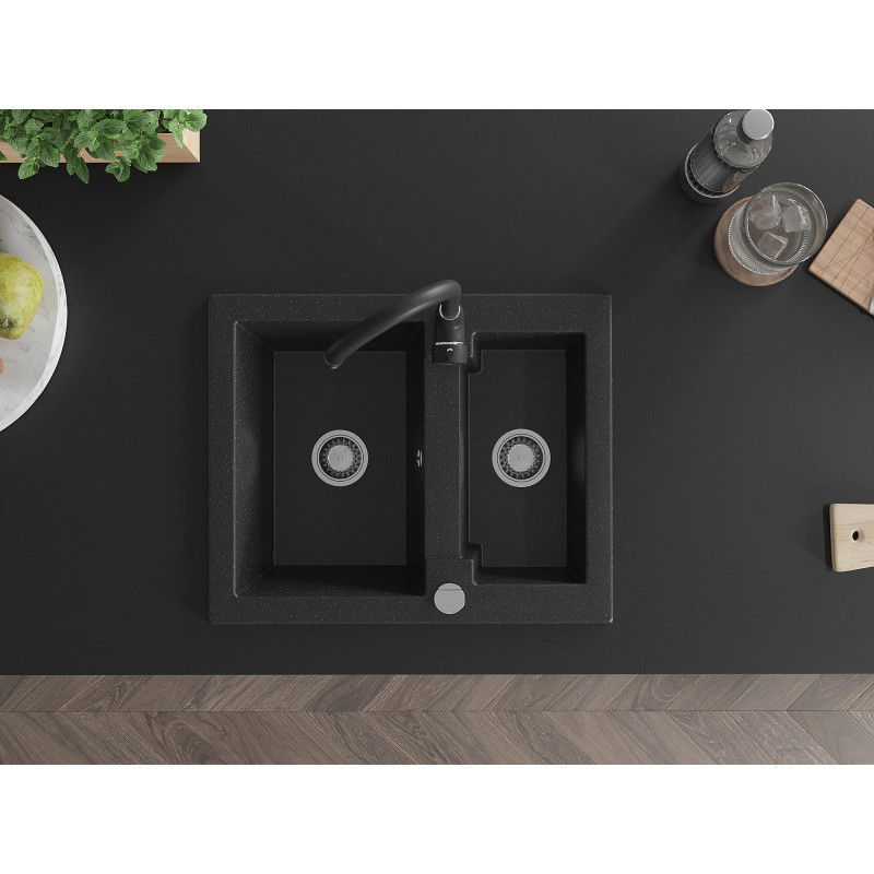 Mexen Carlos granieten gootsteen 1,5-kamer met keukenkraan Telma, zwart/zilver metallic - 6518-73-670200-70
