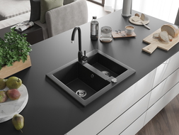 Mexen Carlos Granit-Spullsteen mat 1,5-Mëdecher mat Kichekraan Telma, schwaarz/sëlwermetallik - 6518-73-670200-70