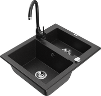 Mexen Carlos granite sink 1.5-bowl with Telma kitchen tap, black/silver metallic - 6518-73-670200-70