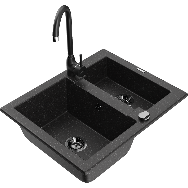 Mexen Carlos granite kitchen sink 1.5-bowl with Telma kitchen tap, black/silver metallic - 6518-73-670200-70-B