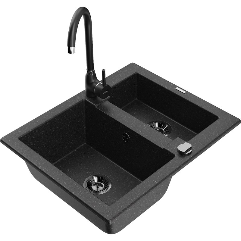 Mexen Carlos lava-loiça em granito de 1,5 cubas com torneira de cozinha Telma, preto/prata metalizado - 6518-73-670200-70-B