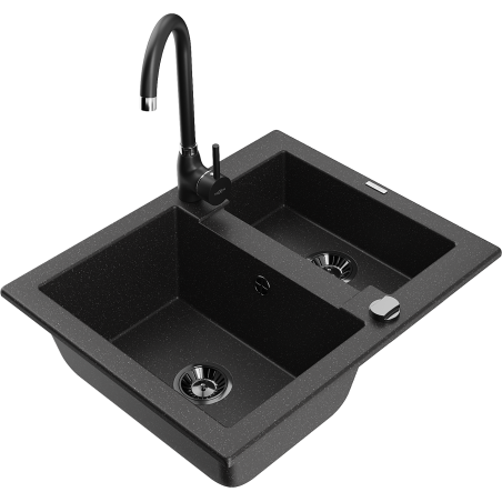 Mexen Carlos granite kitchen sink 1.5-bowl with Telma kitchen tap, black/silver metallic - 6518-73-670200-70-B