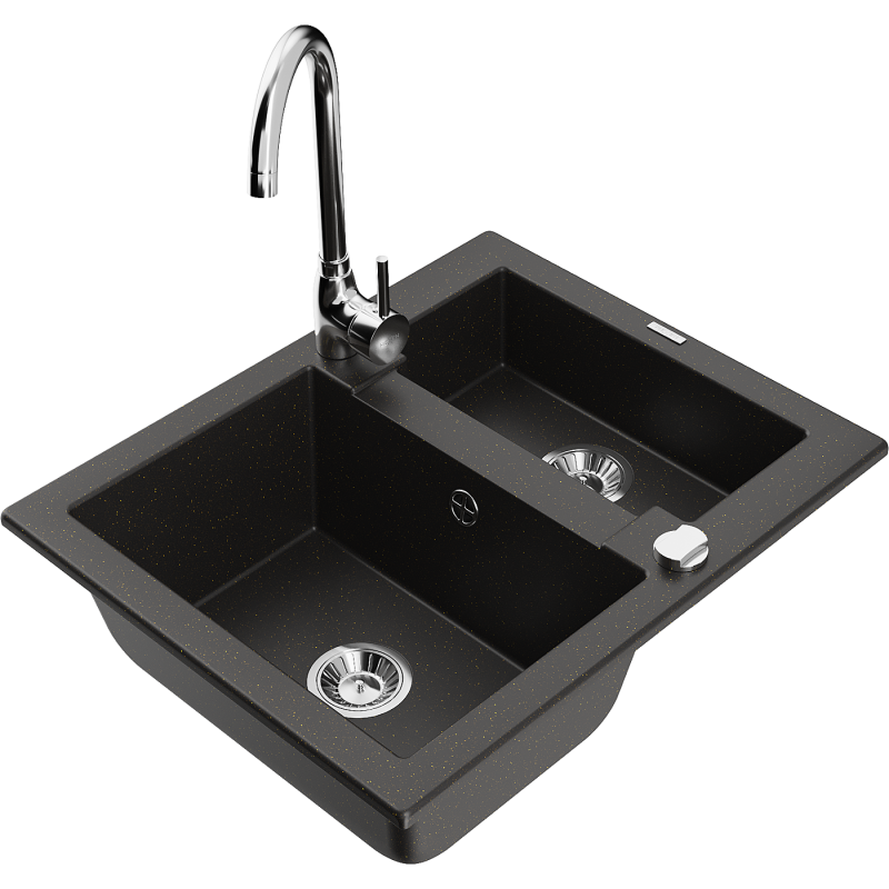 Mexen Carlos fregadero de granito 1,5 senos con grifo de cocina Telma, negro/dorado metálico - 6518-75-670200-00