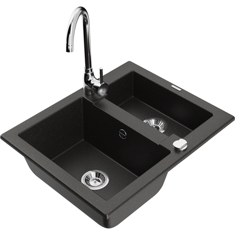 Mexen Carlos granite sink 1.5-bowl with Telma kitchen tap, black/gold metallic - 6518-75-670200-00