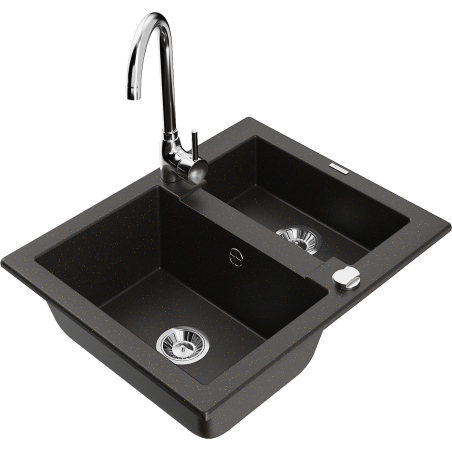Mexen Carlos fregadero de granito 1,5 senos con grifo de cocina Telma, negro/oro metálico - 6518-75-670200-00