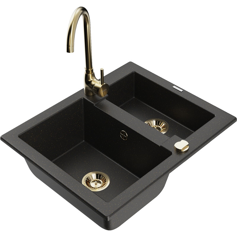 Mexen Carlos granitische 1,5-vaks gootsteen met keukenmengkraan Telma, zwart/goud metallic - 6518-75-670200-50