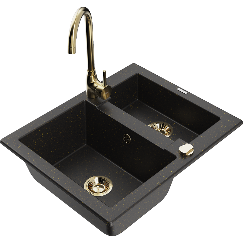 Mexen Carlos lava-louça de granito 1,5-bacia com torneira de cozinha Telma, preto/ouro metálico - 6518-75-670200-50