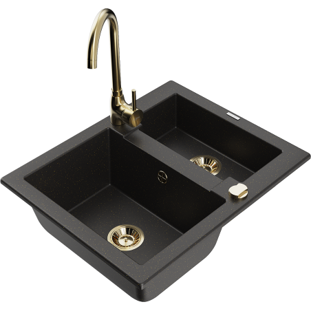 Mexen Carlos 1,5-Kammer-GranitsSpüle mit Küchenarmatur Telma, schwarz/gold metallic - 6518-75-670200-50