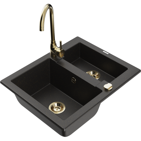 Mexen Carlos Granitspüle 1,5-Schalen mit Küchenarmatur Telma, Schwarz/Golden Metallic - 6518-75-670200-50