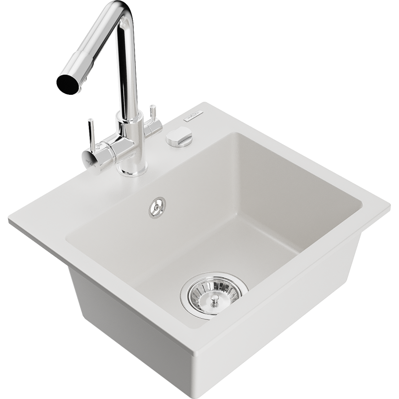 Mexen Milo 1-bowl granite sink with Duero kitchen tap, white - 6505-20-671600-00