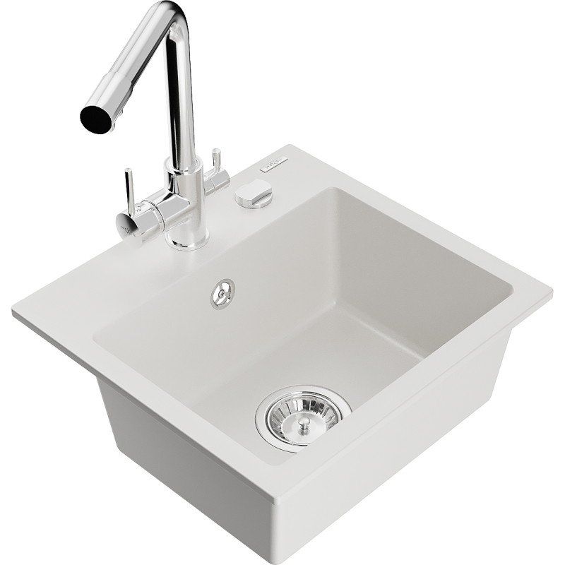 Mexen Milo évier en granit 1 bac avec robinet de cuisine Duero, blanc - 6505-20-671600-00