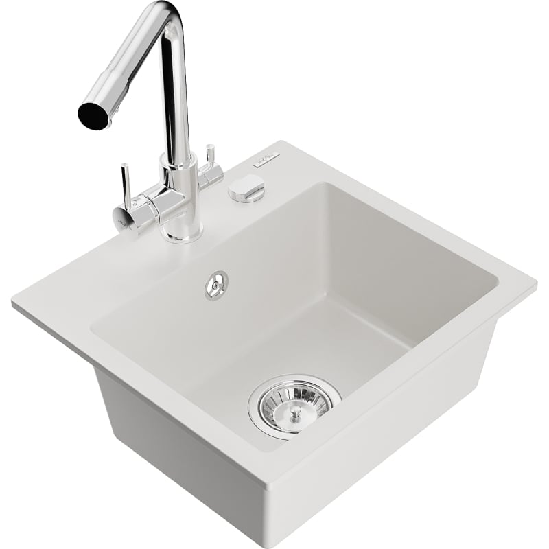 Mexen Milo granitische spoelbak met 1 compartiment en keukenmengkraan Duero, wit - 6505-20-671600-00