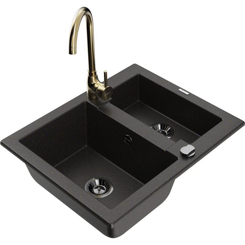 Mexen Carlos fregadero de granito de 1,5 senos con grifo de cocina Telma, negro/metalizado dorado - 6518-75-670200-50-B