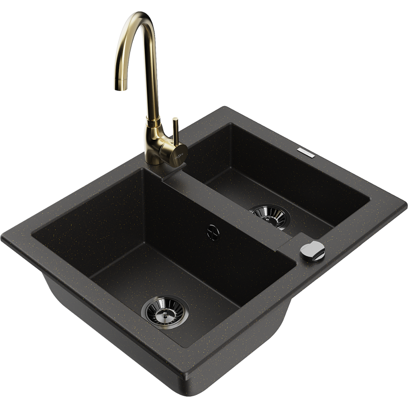 Mexen Carlos lava-loiça de granito 1,5 cuba com misturadora de cozinha Telma, preto/dourado metálico - 6518-75-670200-50-B