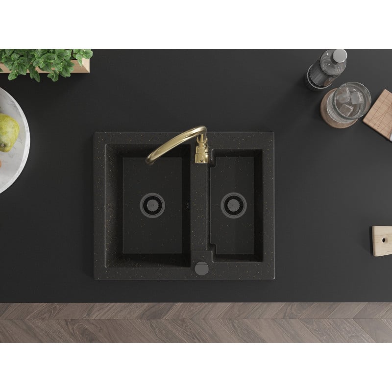 Mexen Carlos granitdiskbänk 1,5-facks med köksblandare Telma, svart/guld metallisk - 6518-75-670200-50-B