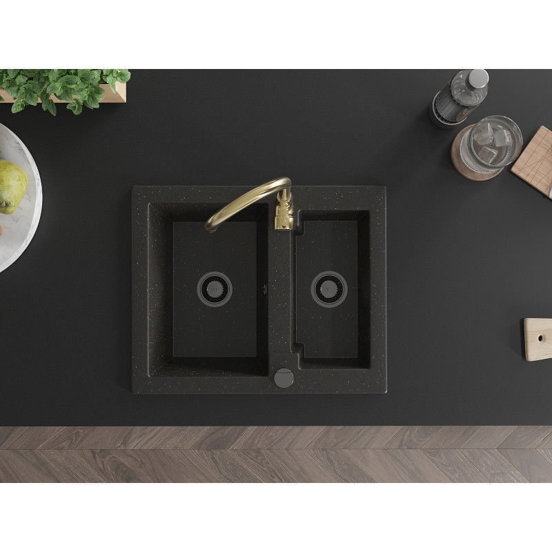 Mexen Carlos lavello in granito 1,5 vasche con rubinetto da cucina Telma, nero/oro metallizzato - 6518-75-670200-50-B