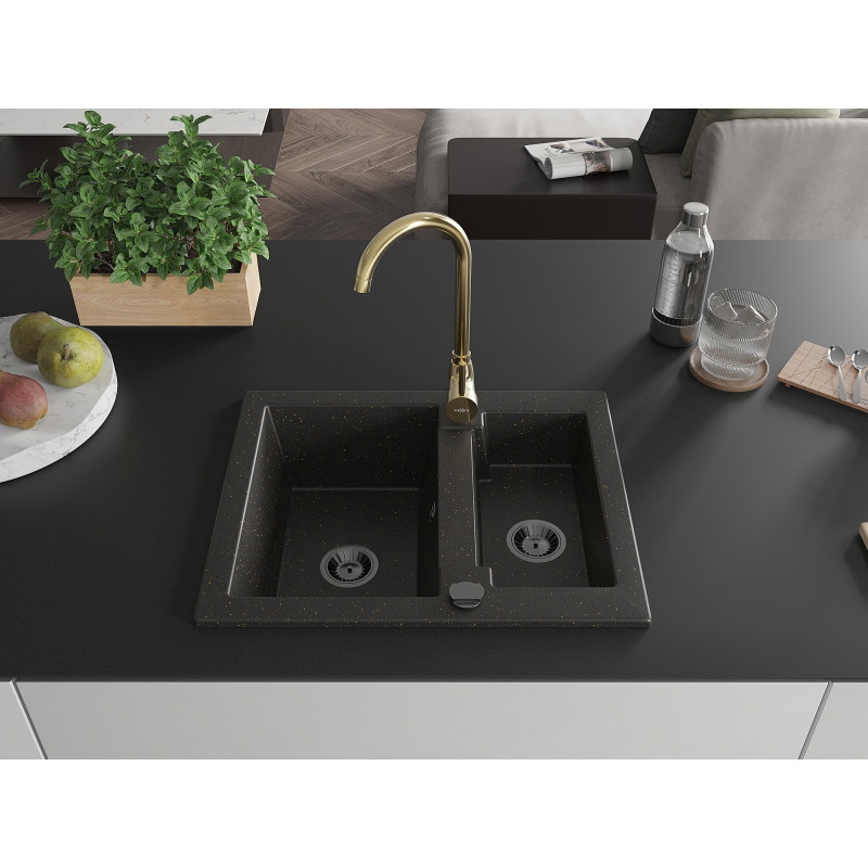 Mexen Carlos fregadero de granito de 1,5 senos con grifo de cocina Telma, negro/dorado metálico - 6518-75-670200-50-B