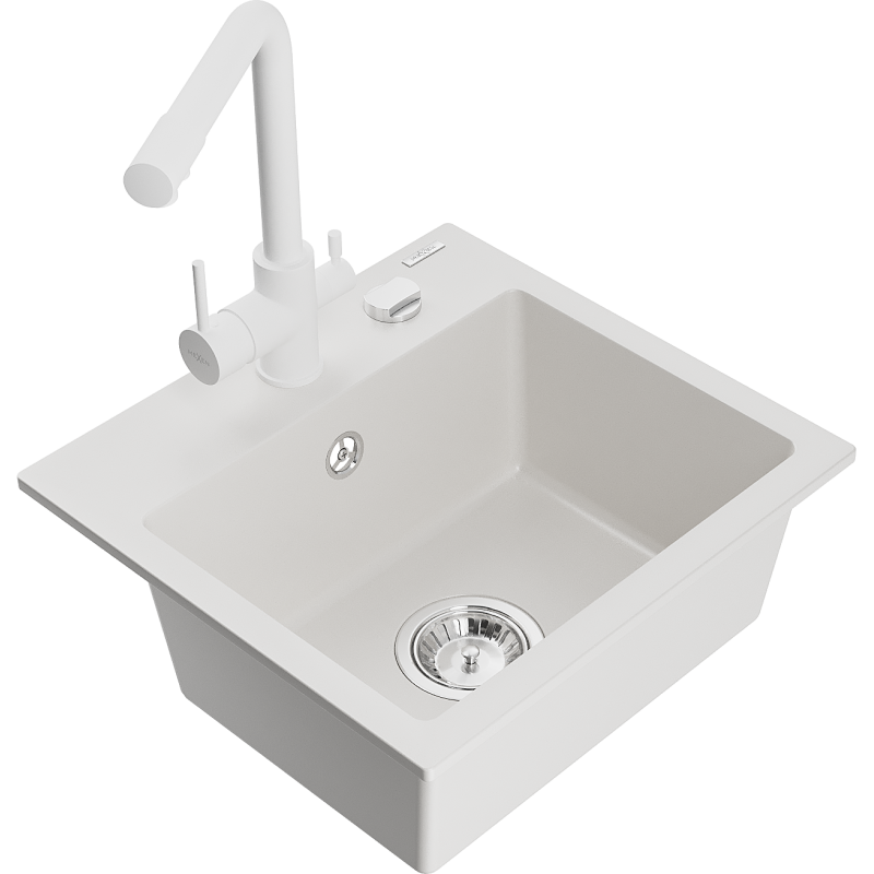 Mexen Milo 1-bowl granite sink with Duero kitchen tap, white - 6505-20-671600-20