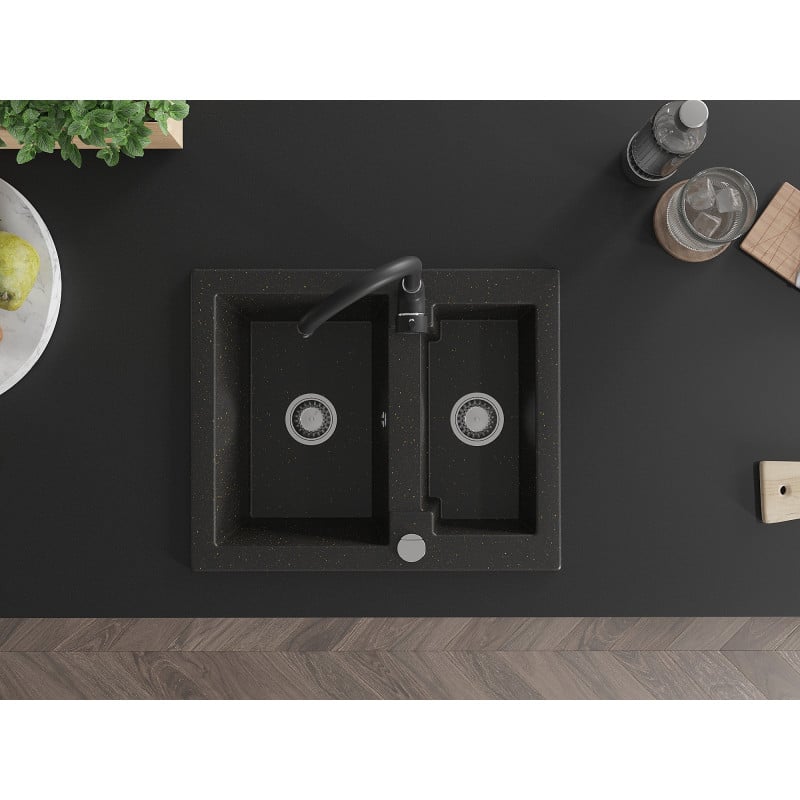 Mexen Carlos granitdiskho med 1,5 fack med Telma köksblandare, svart/guld metallic - 6518-75-670200-70