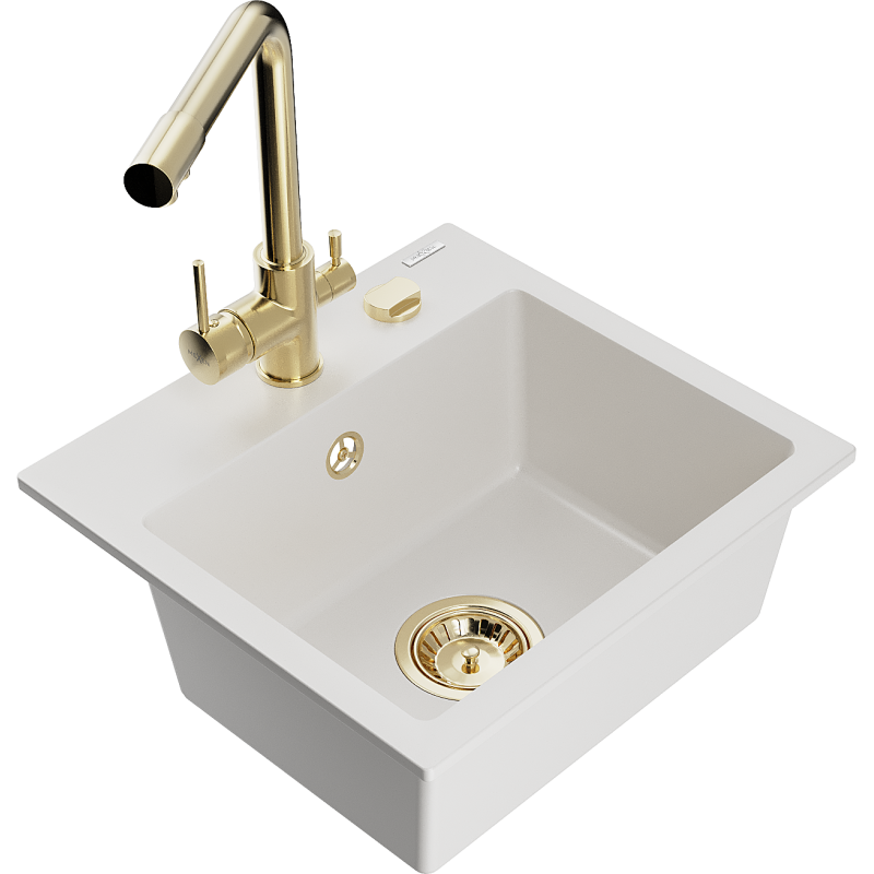 Mexen Milo lavello in granito a 1 vasca con rubinetto da cucina Duero, bianco - 6505-20-671600-50
