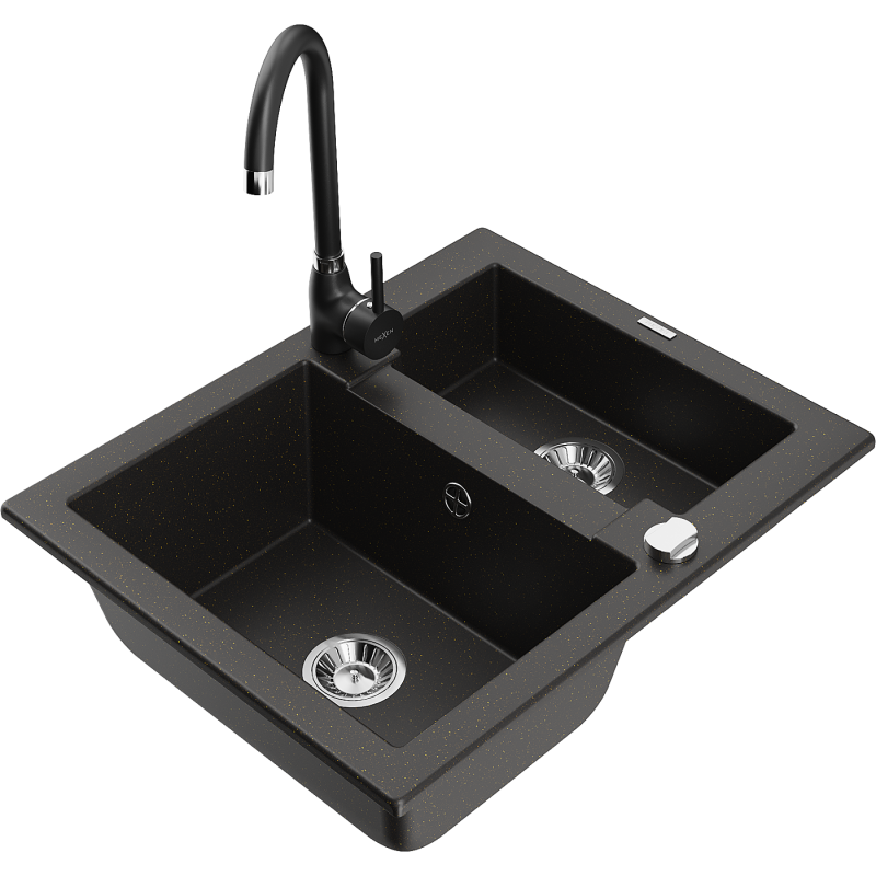 Mexen Carlos fregadero de granito de 1,5 senos con grifo de cocina Telma, negro/dorado metálico - 6518-75-670200-70