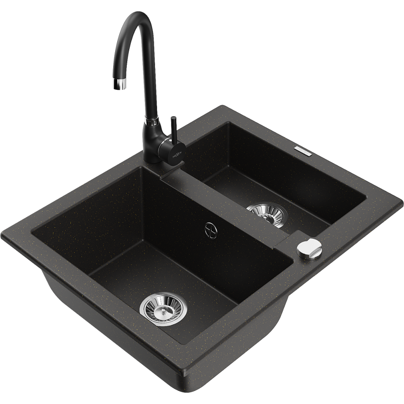 Mexen Carlos granite sink 1.5-bowl with Telma kitchen tap, black/gold metallic - 6518-75-670200-70