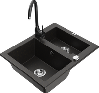 Mexen Carlos évier en granit 1,5 bac avec robinet de cuisine Telma, noir/doré métallique - 6518-75-670200-70
