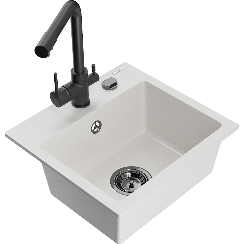 Mexen Milo 1-bowl granite kitchen sink with Duero kitchen tap, white - 6505-20-671600-70