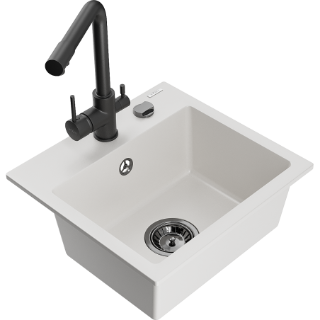 Mexen Milo 1-bowl granite kitchen sink with Duero kitchen tap, white - 6505-20-671600-70