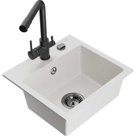 Mexen Milo fregadero de granito de una cubeta con grifo de cocina Duero, blanco - 6505-20-671600-70