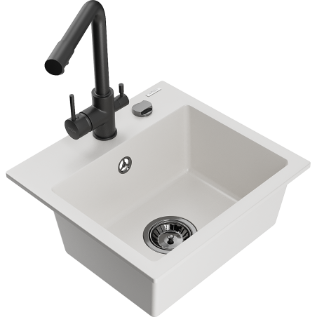 Mexen Milo zlewozmywak granitowy 1-komorowy z baterią kuchenną Duero, biały - 6505-20-671600-70