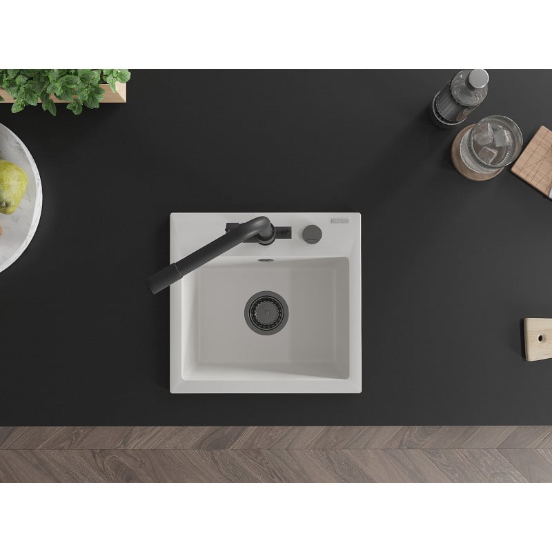 Mexen Milo 1-bowl granite kitchen sink with Duero kitchen tap, white - 6505-20-671600-70