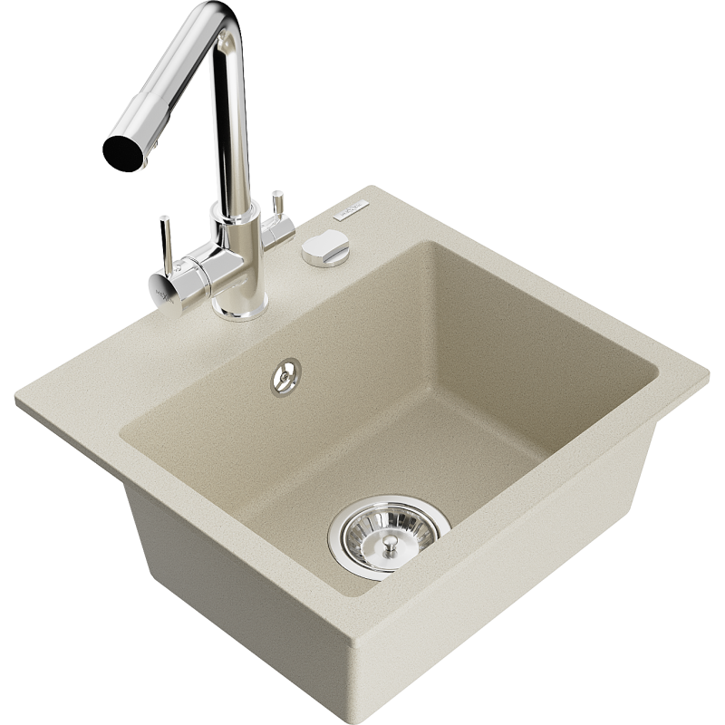 Mexen Milo 1-bowl granite sink with Duero kitchen tap, beige - 6505-69-671600-00