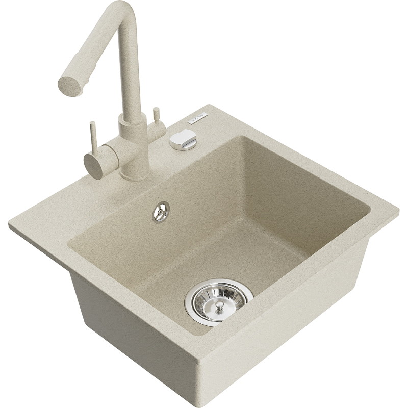 Mexen Milo Granitspüle einbecken mit Küchenarmatur Duero, beige - 6505-69-671600-69