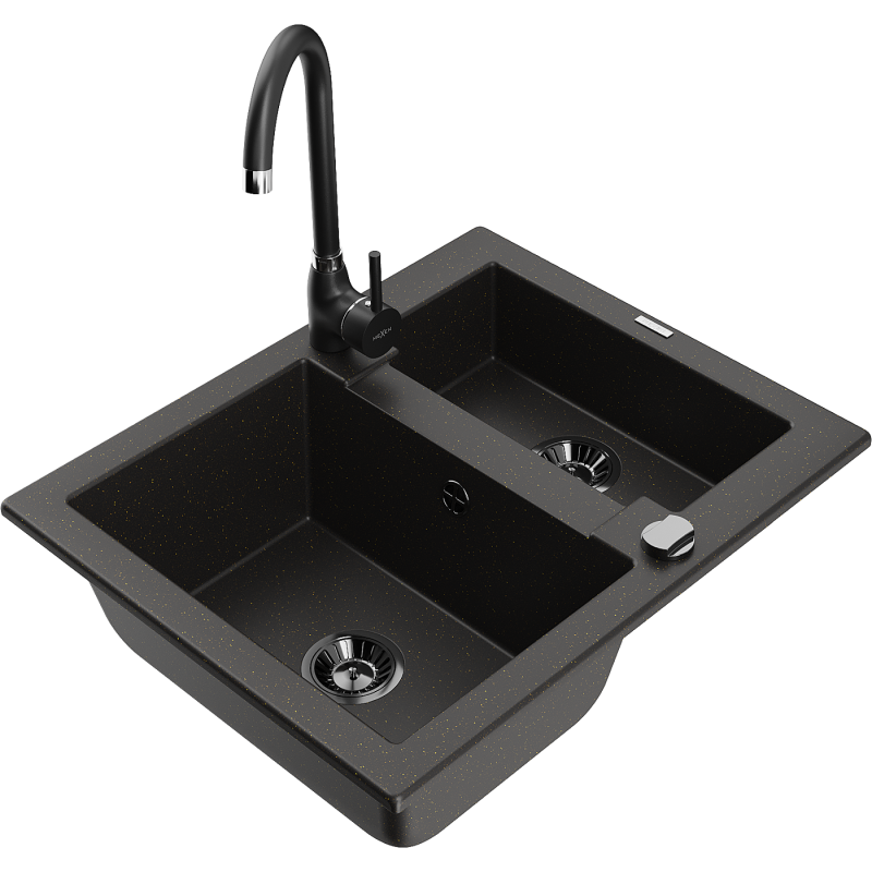 Mexen Carlos fregadero de granito de 1,5 senos con grifo de cocina Telma, negro/oro metálico - 6518-75-670200-70-B