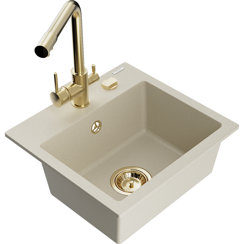 Mexen Milo lavello in granito 1-vasca con rubinetto da cucina Duero, beige - 6505-69-671600-50